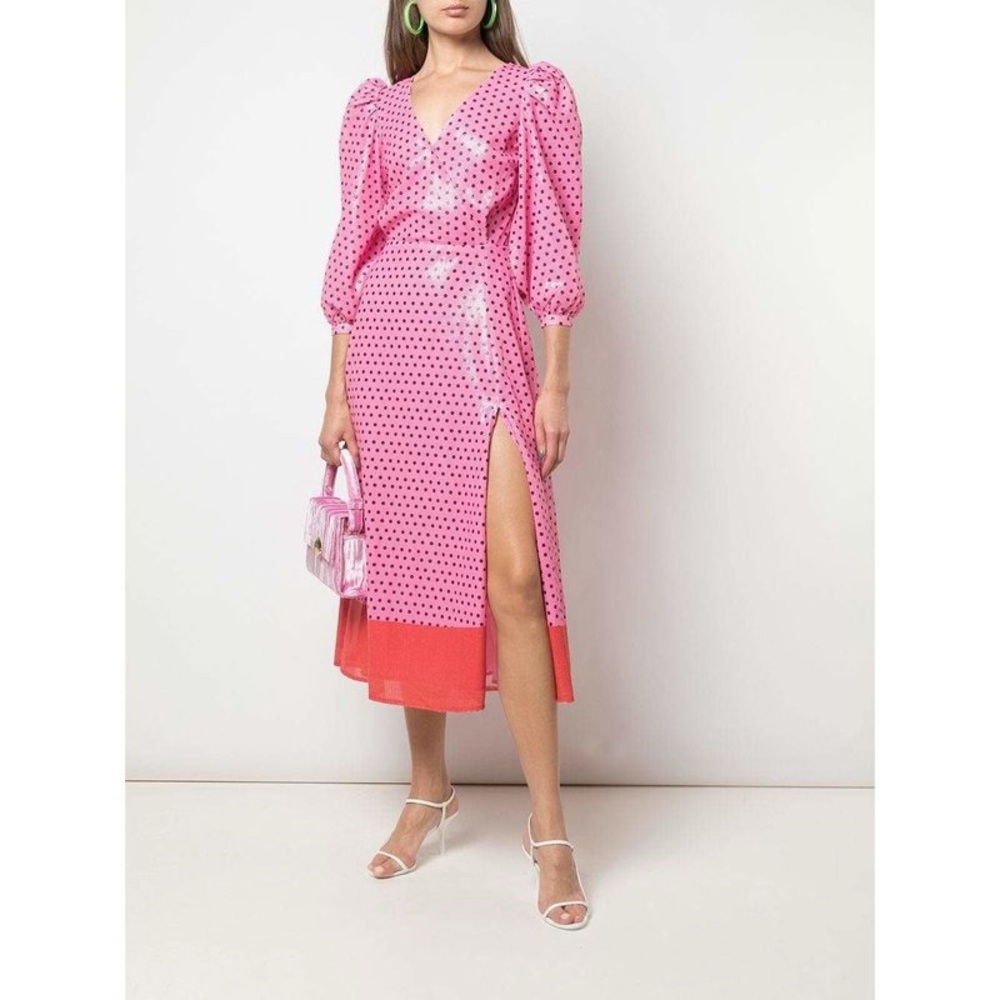 NWT Olivia Rubin Pink Sequin Puff Sleeve Midi Dress 4 Small WOW!